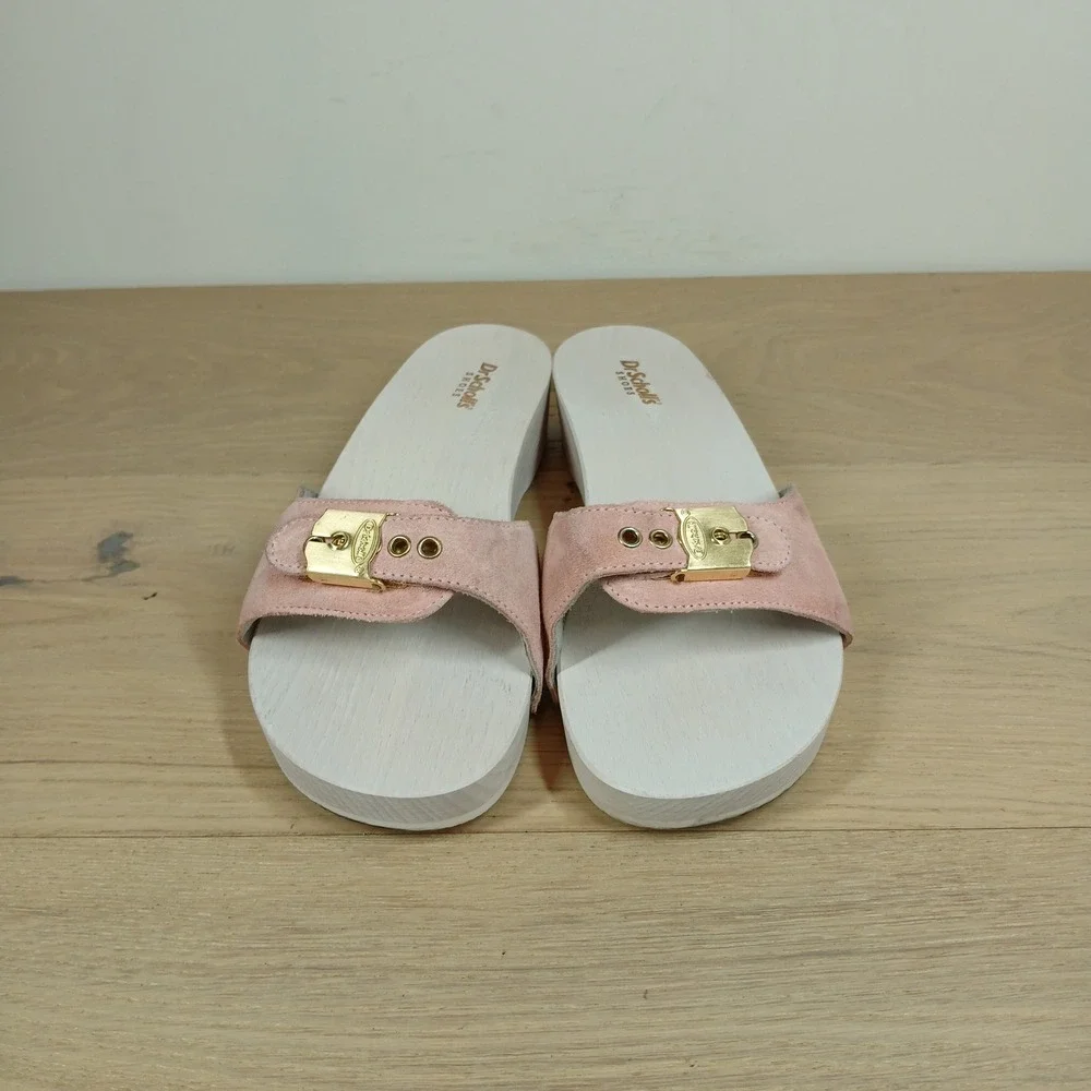 Dr Scholls Slide Sandals Women's 9 Pink Suede Wood Platform Buckle Retro
